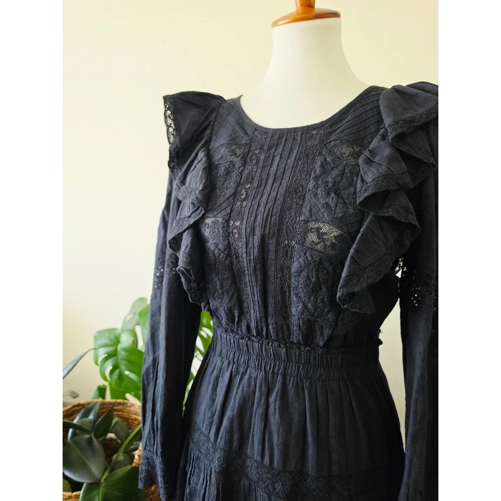 LoveShackFancy Black Lace Ruffle Mini Dress Long Sleeve Tiered Boho Womens Sz M - Picture 4 of 14